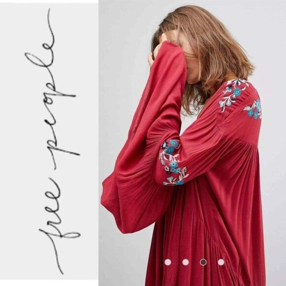 Free People Te Amo Embroidered Flare Sleeve V Neck Babydoll Swing Dress Size M - Picture 8 of 13